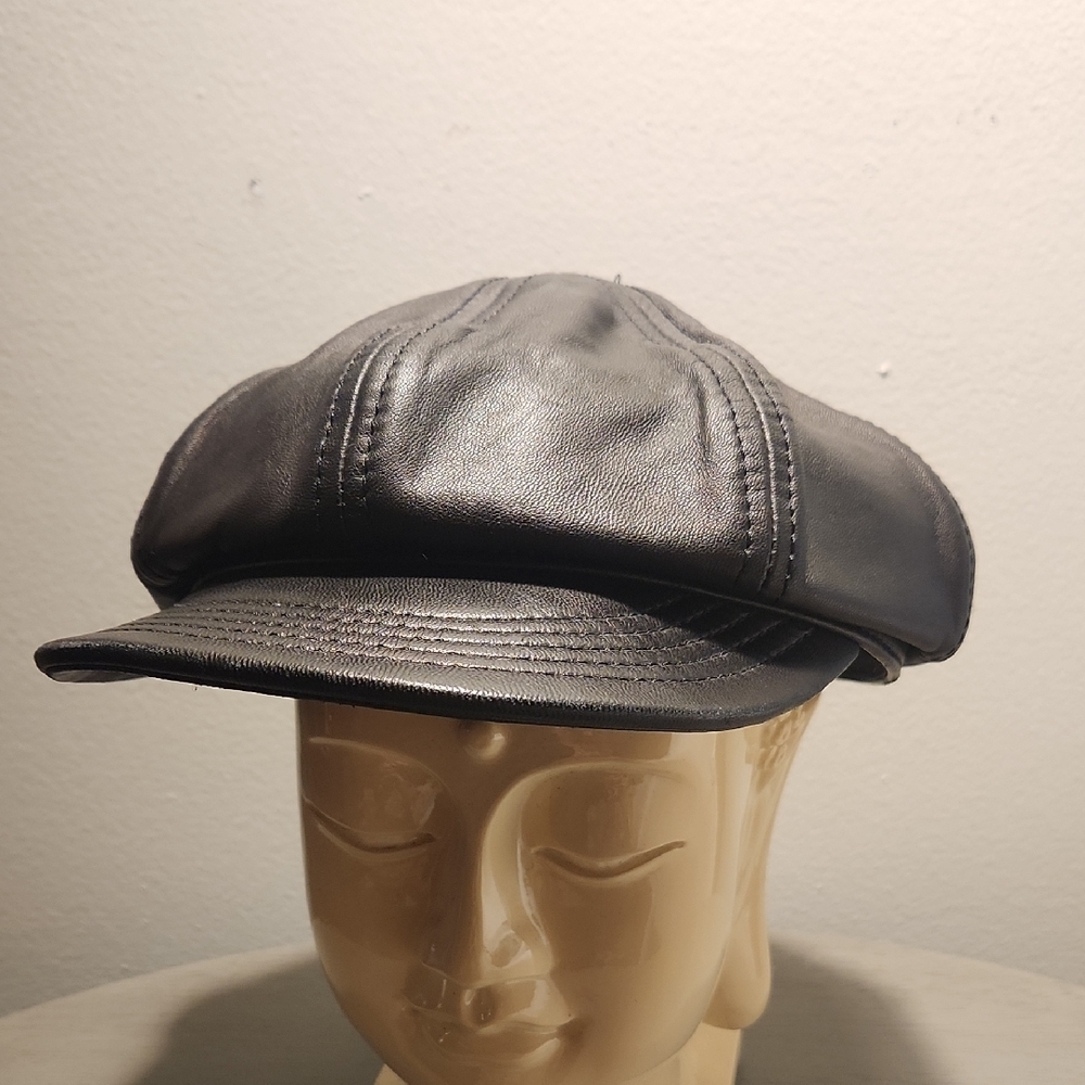 Black Leather Newsboy Cap